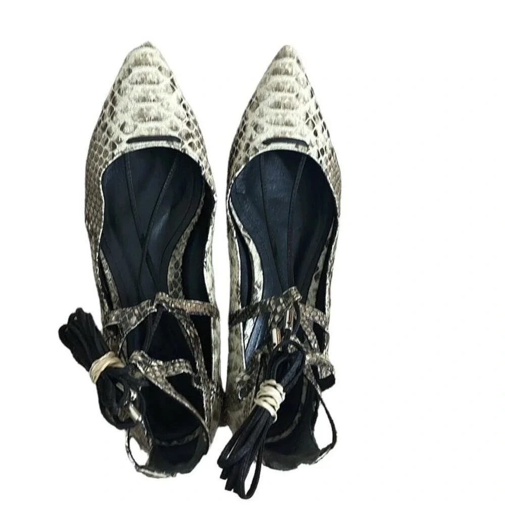 Schutz Beryl Snake Print Lace Up Strappy ‎ Pointy Toe Ballet Flats Size 8